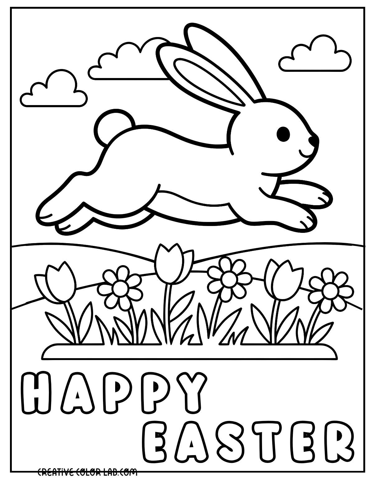 A bunny leaping over a row of spring flowers with "Happy Easter" text at the bottom.