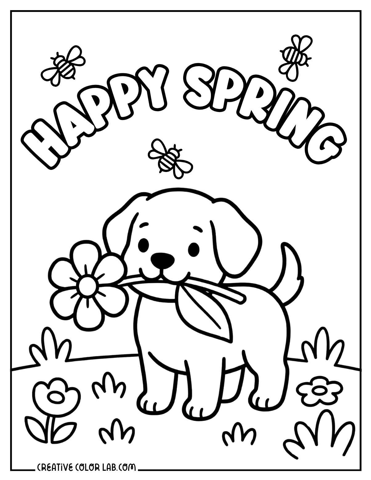 Happy spring puppy with a flower cute spring coloring sheet.