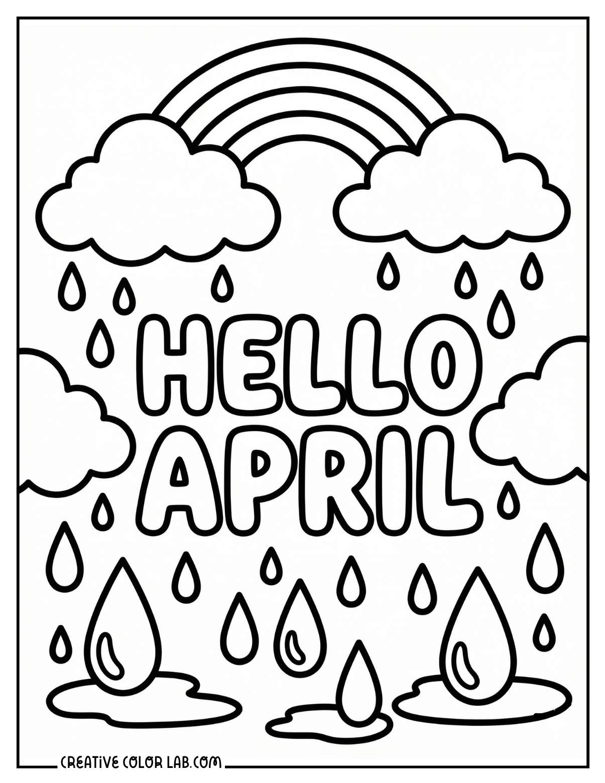 "Hello April" bubble text with a rainbow at the top and large raindrops falling below.