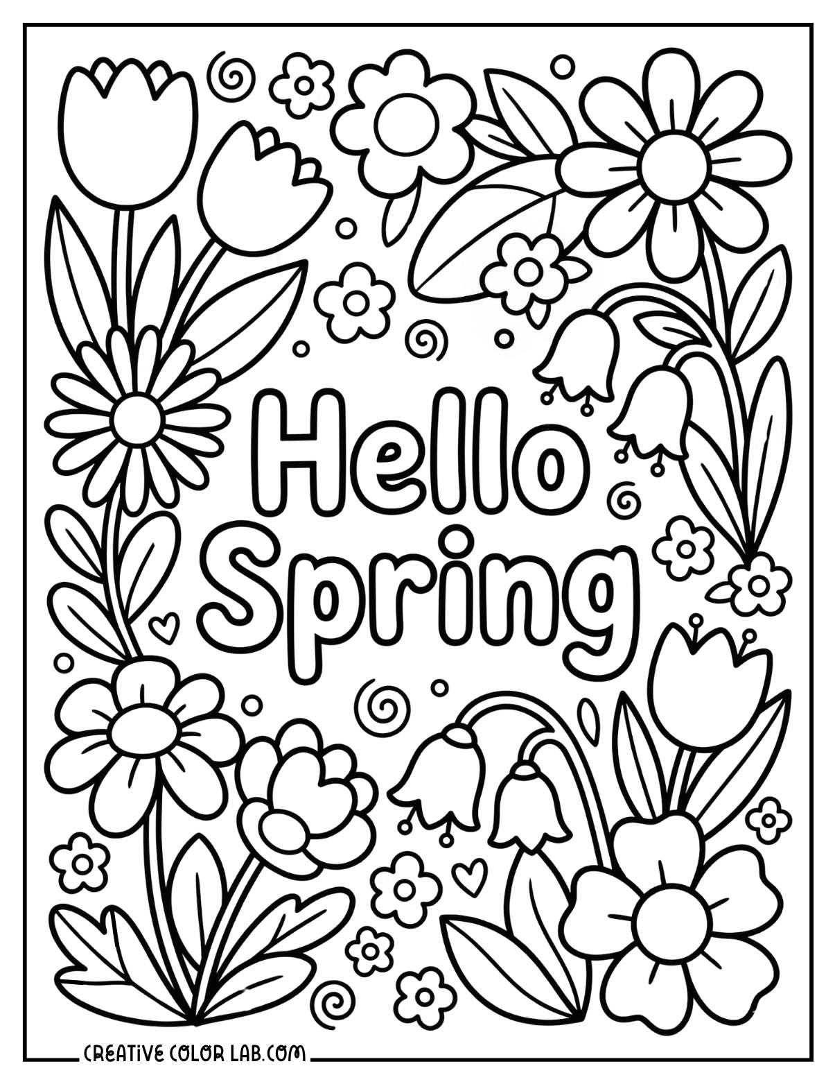 "Hello Spring" coloring sheet with tulips, daisies, and spring flowers.