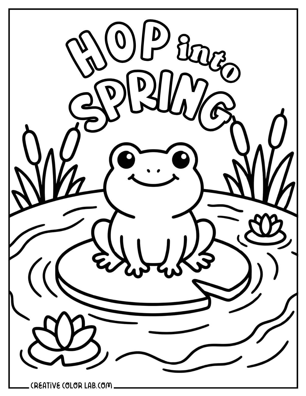 "Hop into Spring" frog on a lily pad pond spring coloring page.