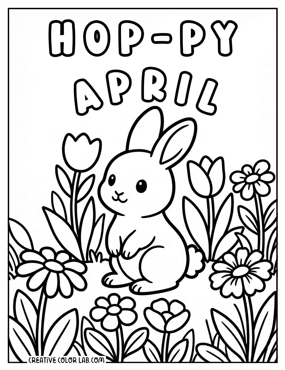 A bunny sitting among tulips and daisies with "Hop-py April" text at the top.