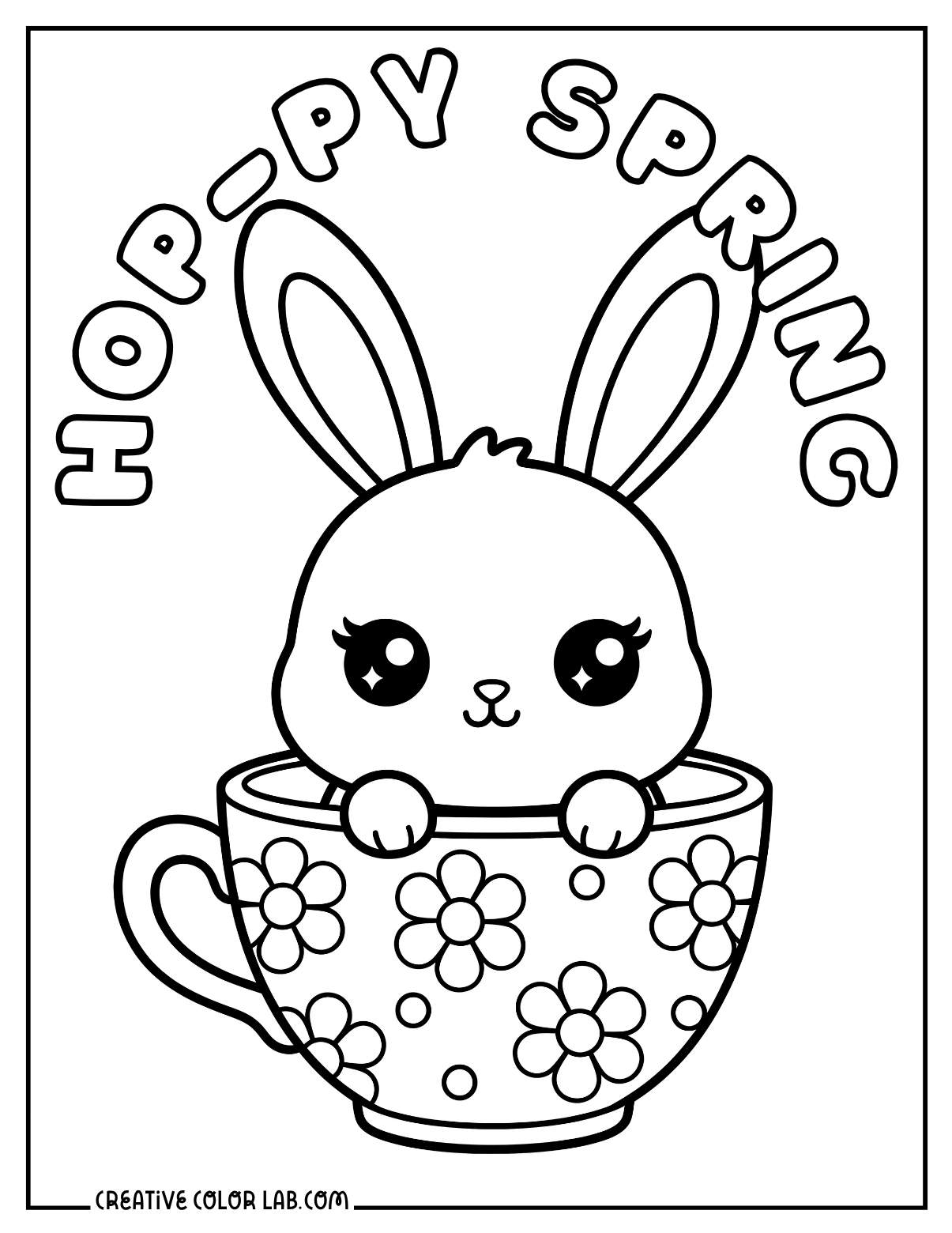 Hoppy spring bunny sitting in a teacup coloring page.