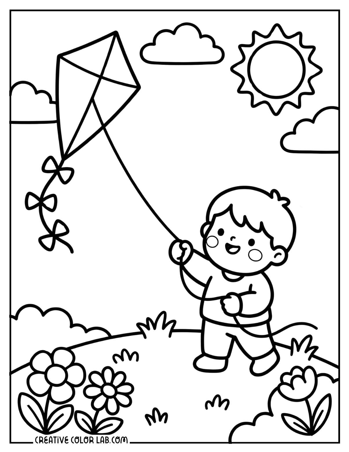 Kid flying a kite on a sunny spring day with clouds coloring page.