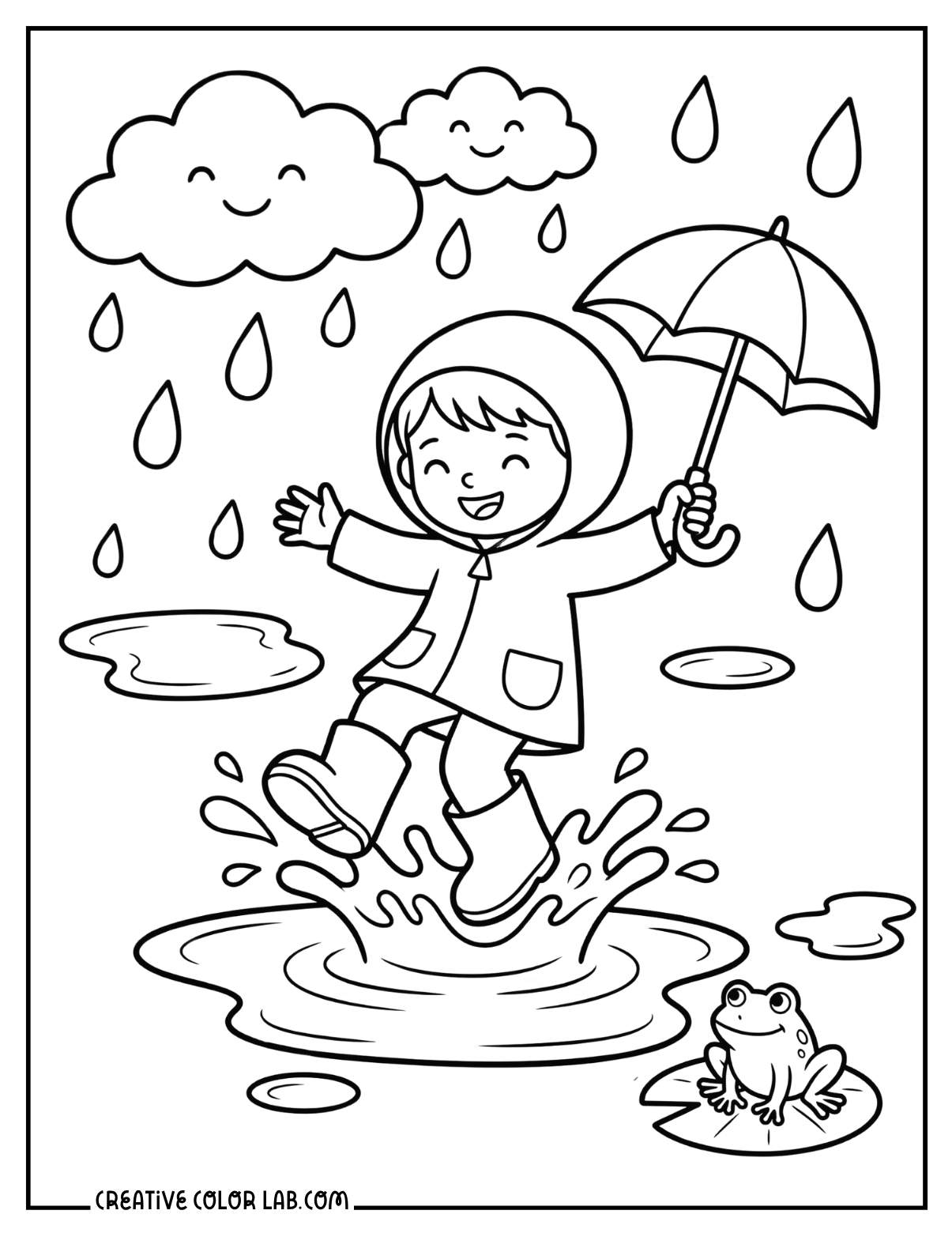 A cheerful child jumping in rain puddles while holding an umbrella, with smiling clouds above.
