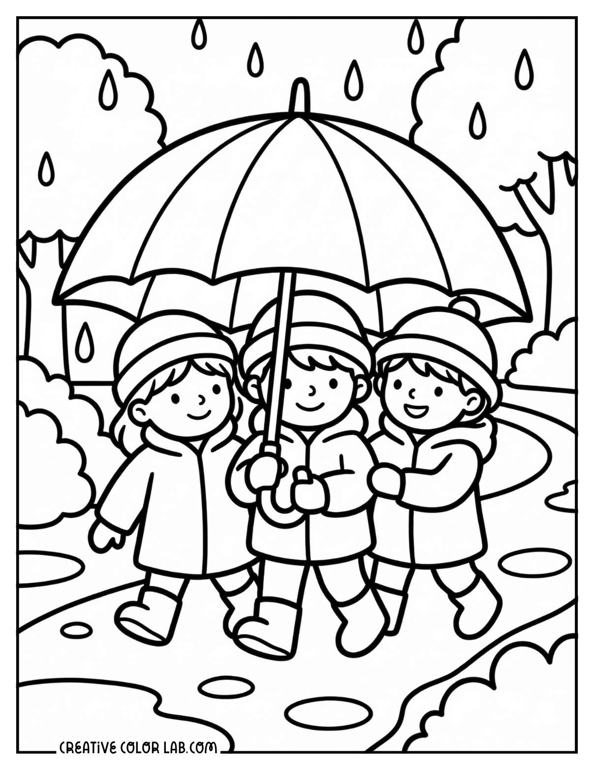 Three children sharing a large umbrella together while walking in an April rain shower.