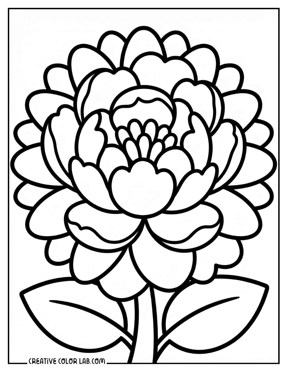 Large peony flower bloom line art spring coloring page with layered petals.