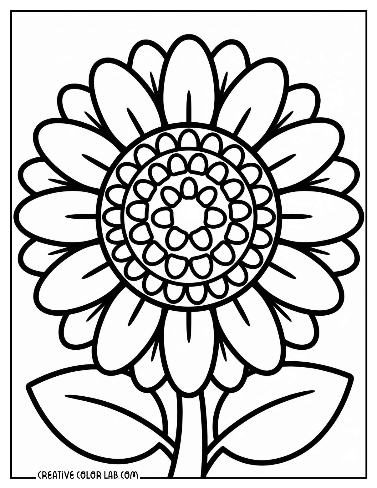 Large sunflower line art for kids to color.