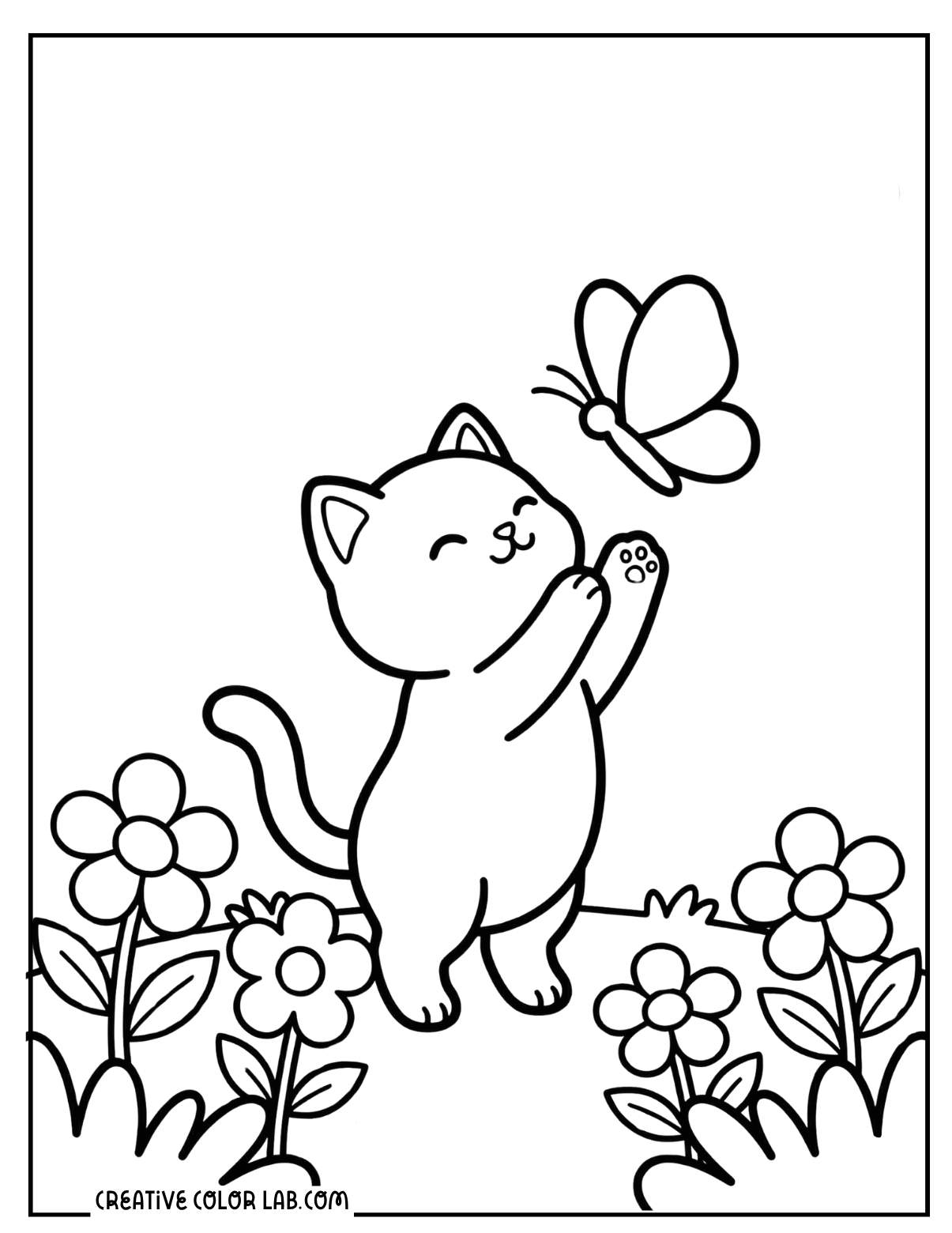 Playful kitten chasing a butterfly spring scene coloring page.
