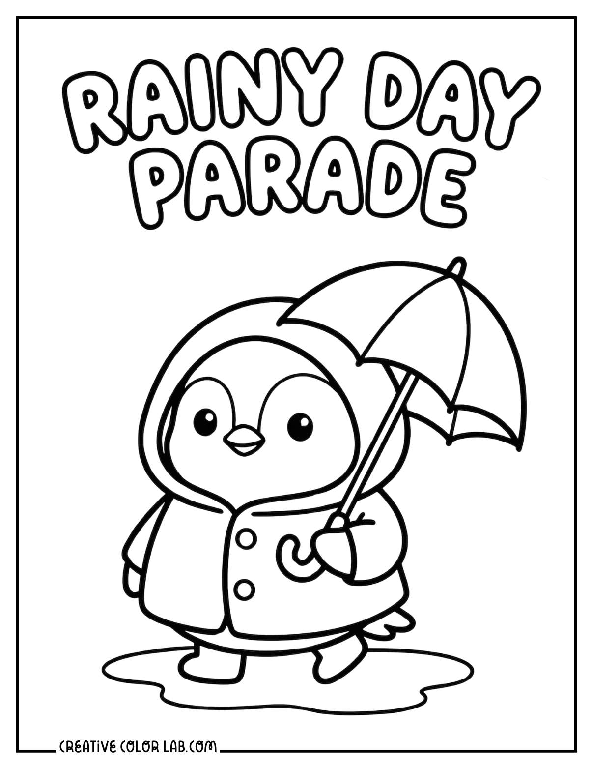 A cute penguin in a raincoat holding an umbrella with "Rainy Day Parade" text above.