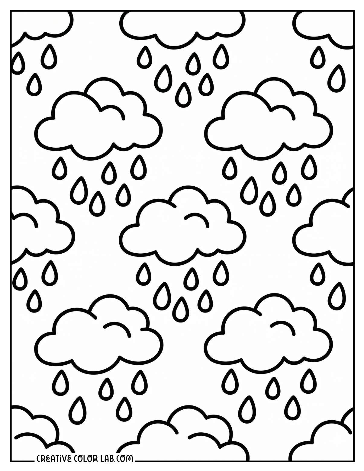Rainy weather cloud pattern with raindrops line art.