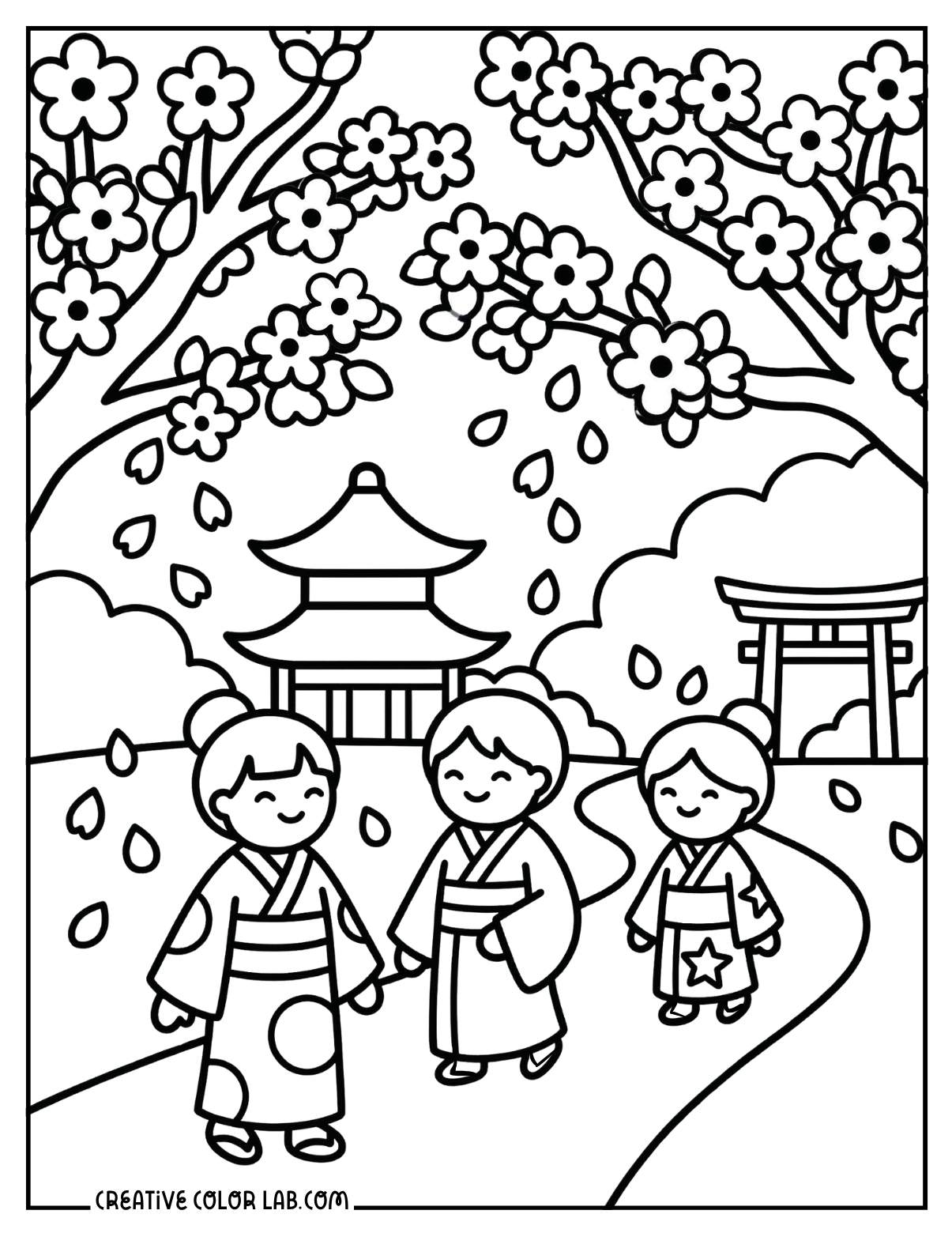 Sakura cherry blossoms in a Japanese garden coloring page.