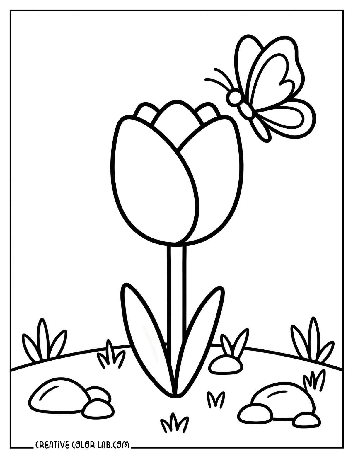 A single tulip stem with a butterfly perched on top, simple line art coloring page.