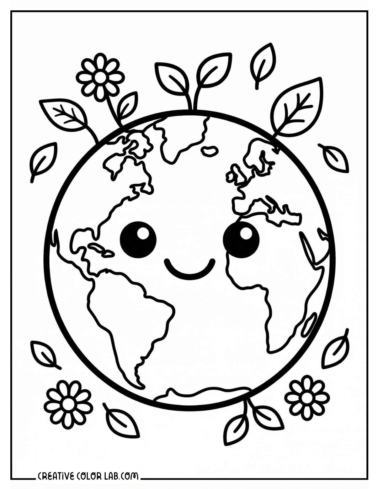 A kawaii smiling Earth globe with plants and flowers growing around it for Earth Day.