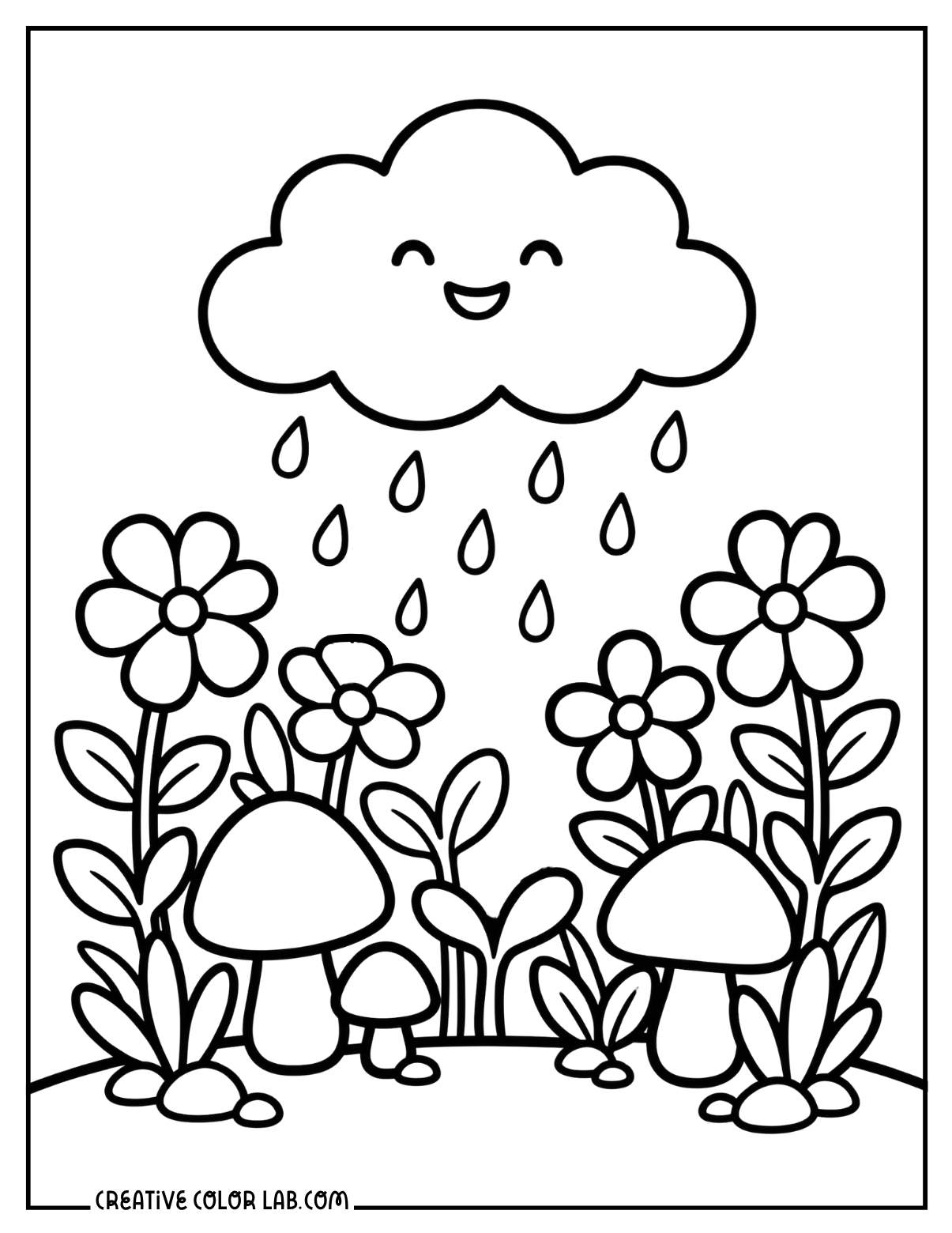 A happy smiling rain cloud raining over spring flowers and mushrooms below.