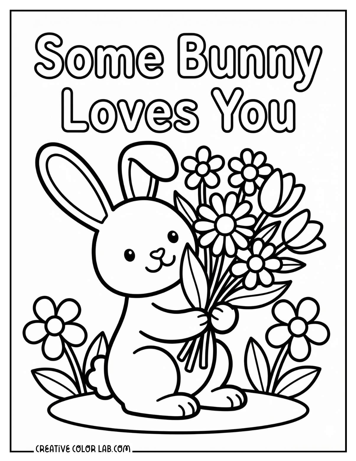 "Some Bunny Loves You" spring Easter bunny coloring page with bubble letters.