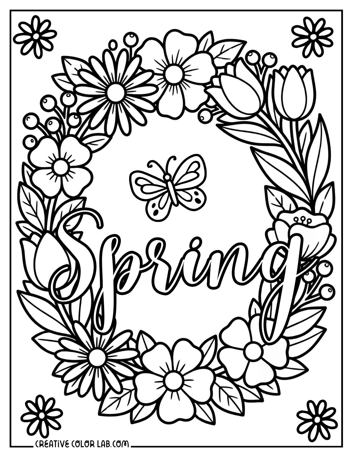 Spring floral wreath with butterfly and lettering coloring page.