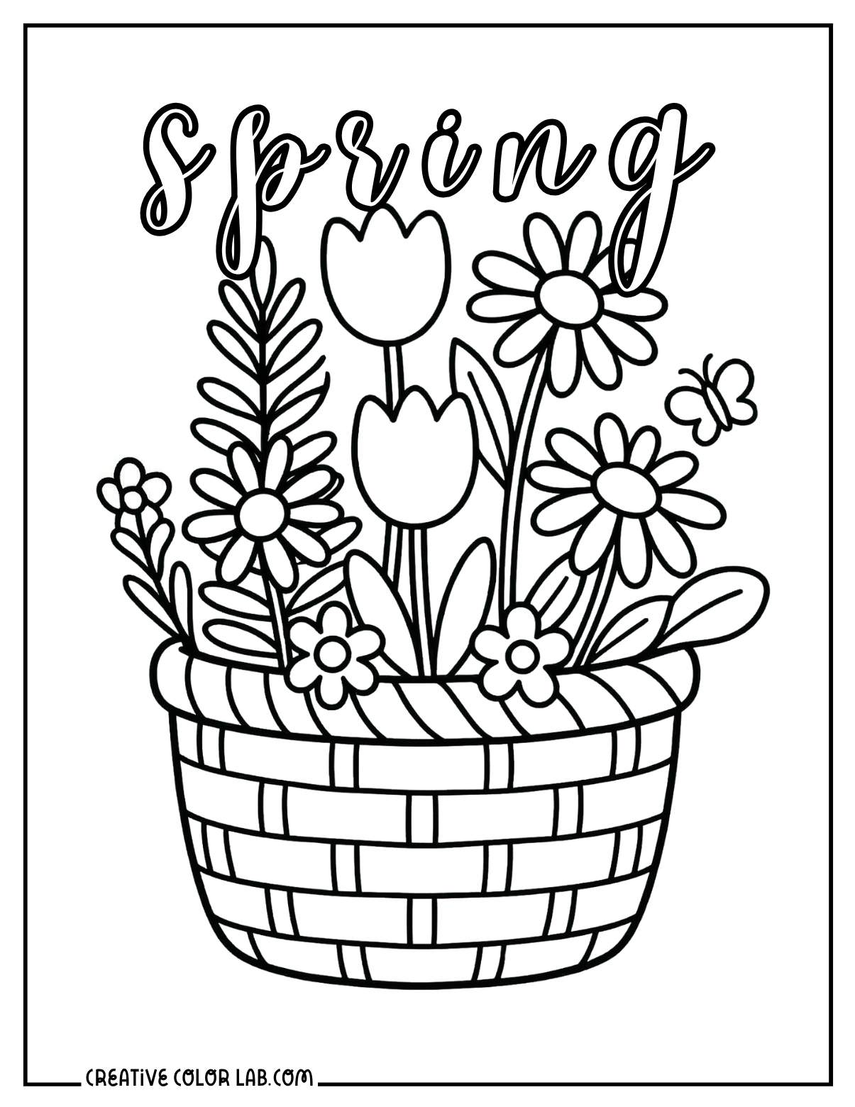Spring flower basket arrangement with blooms and lettering coloring sheet.