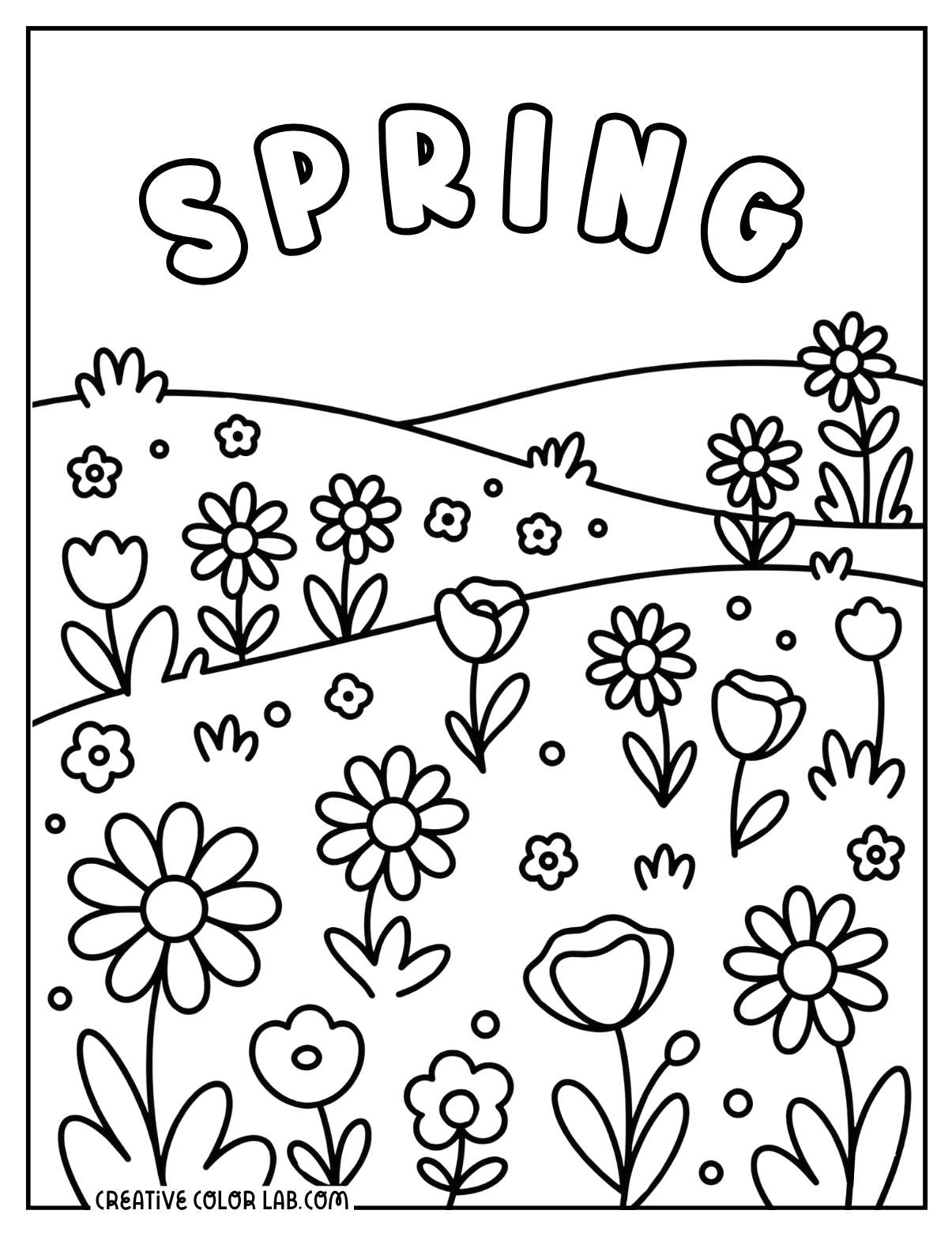 Spring flower field with sunny days of springtime text coloring page.