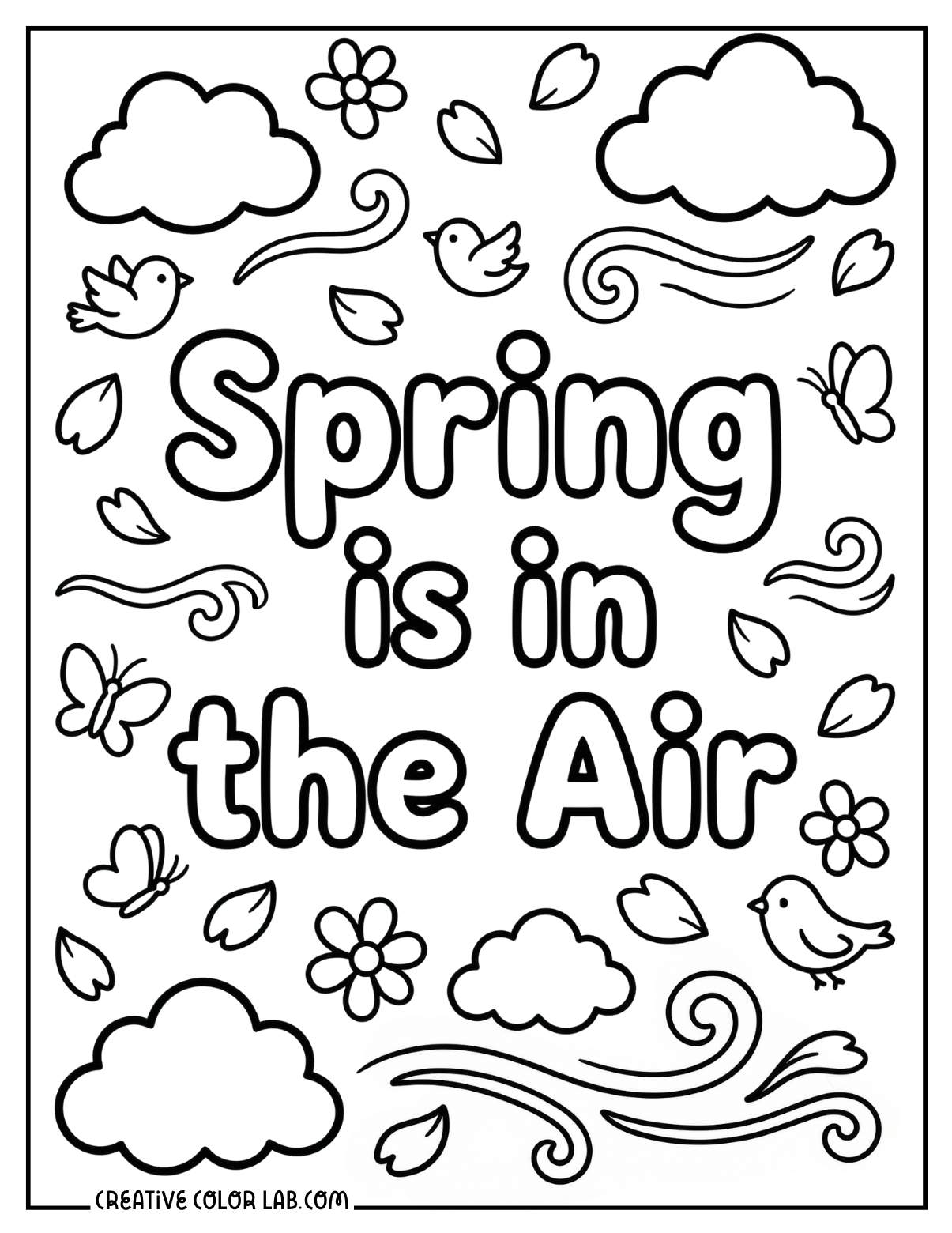 "Spring is in the Air" typography line art with birds, clouds, and flowers to color.