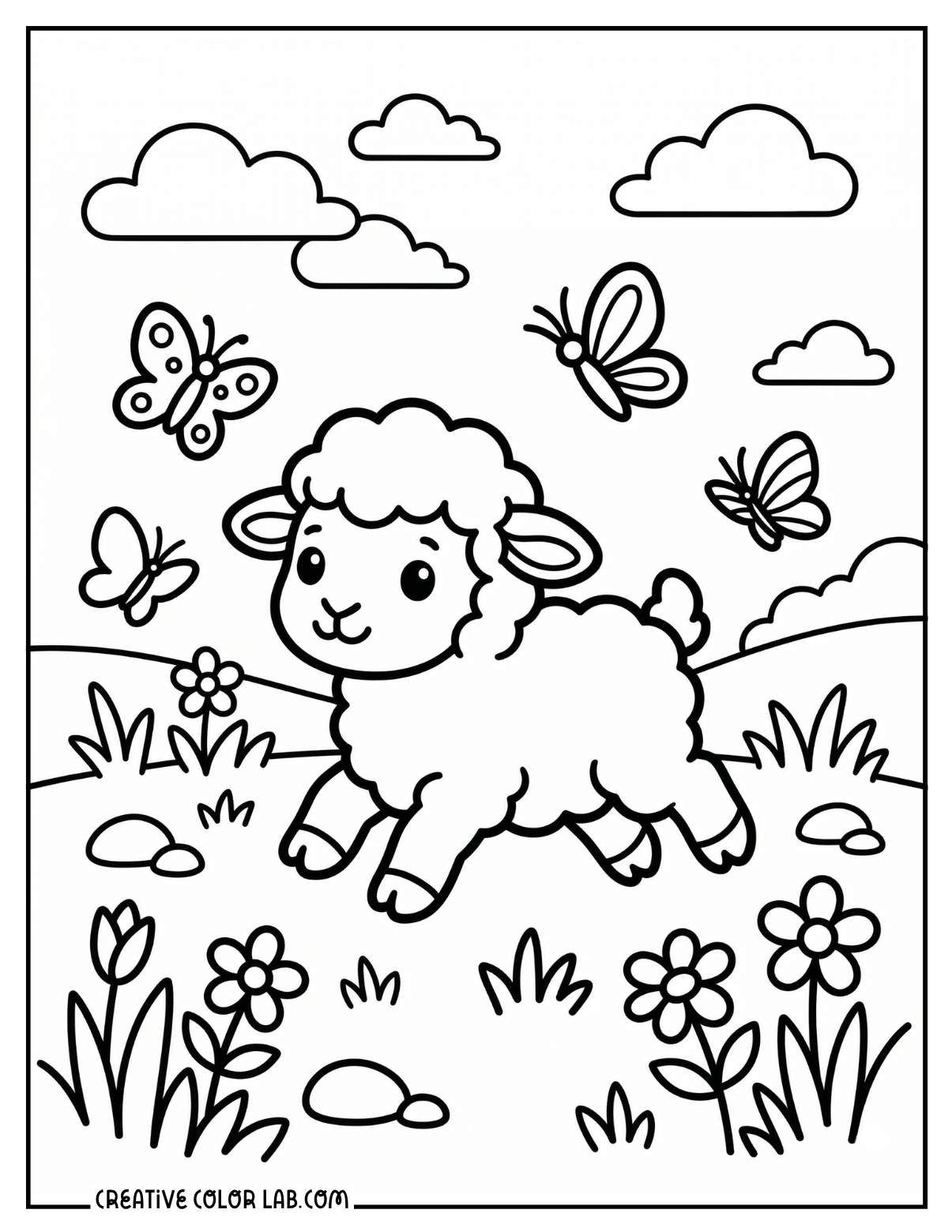 A cute lamb standing in a spring meadow with flowers, butterflies, and puffy clouds.