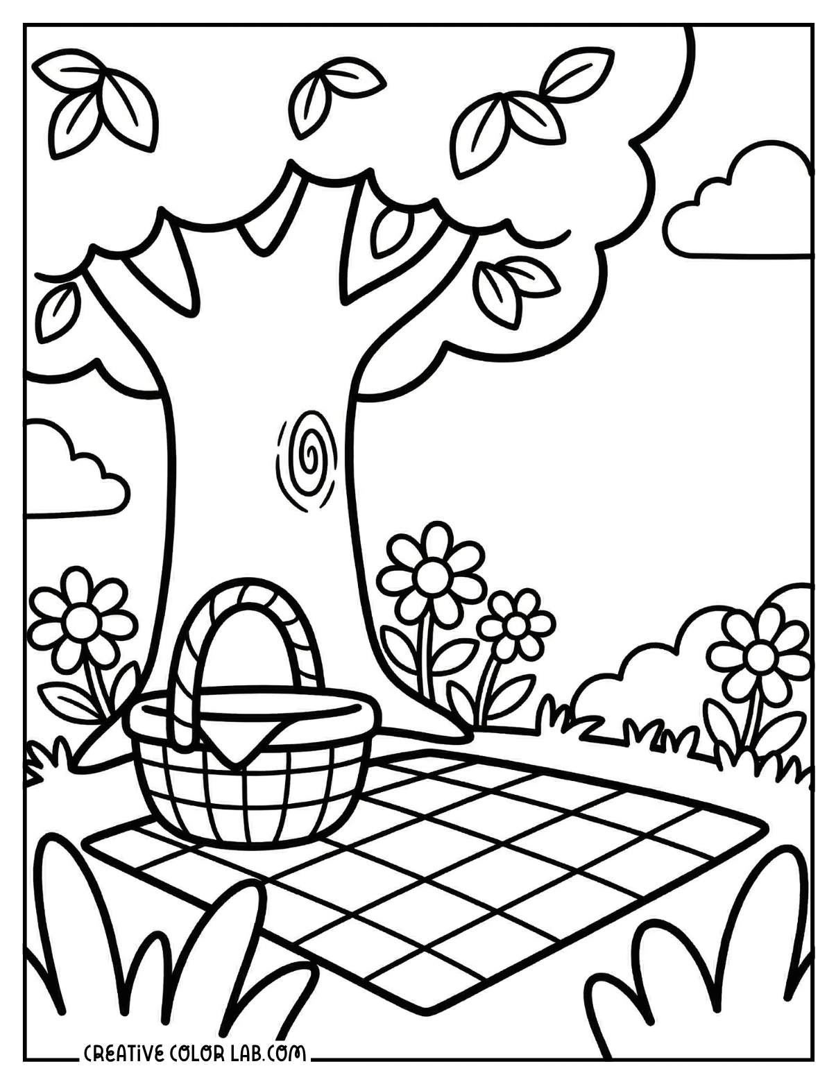 Spring picnic basket under a blooming tree coloring sheet.