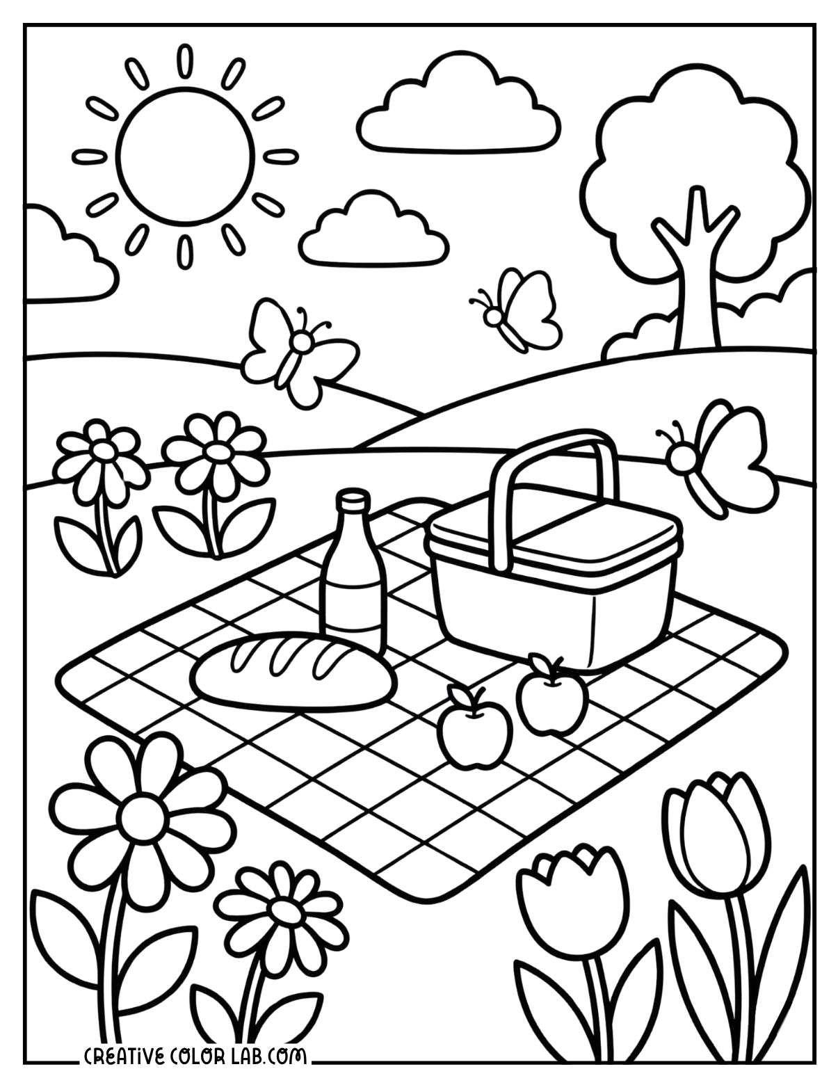 A spring picnic scene with a basket, food on a blanket, tulips, daisies, and butterflies.