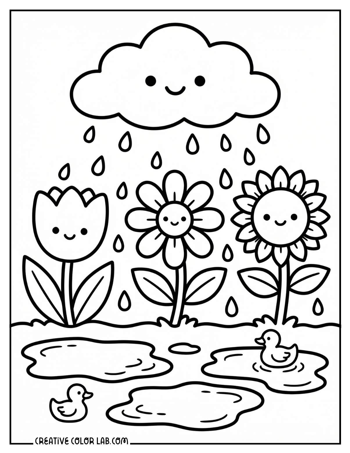 Ducklings splashing in spring rain puddles coloring page.