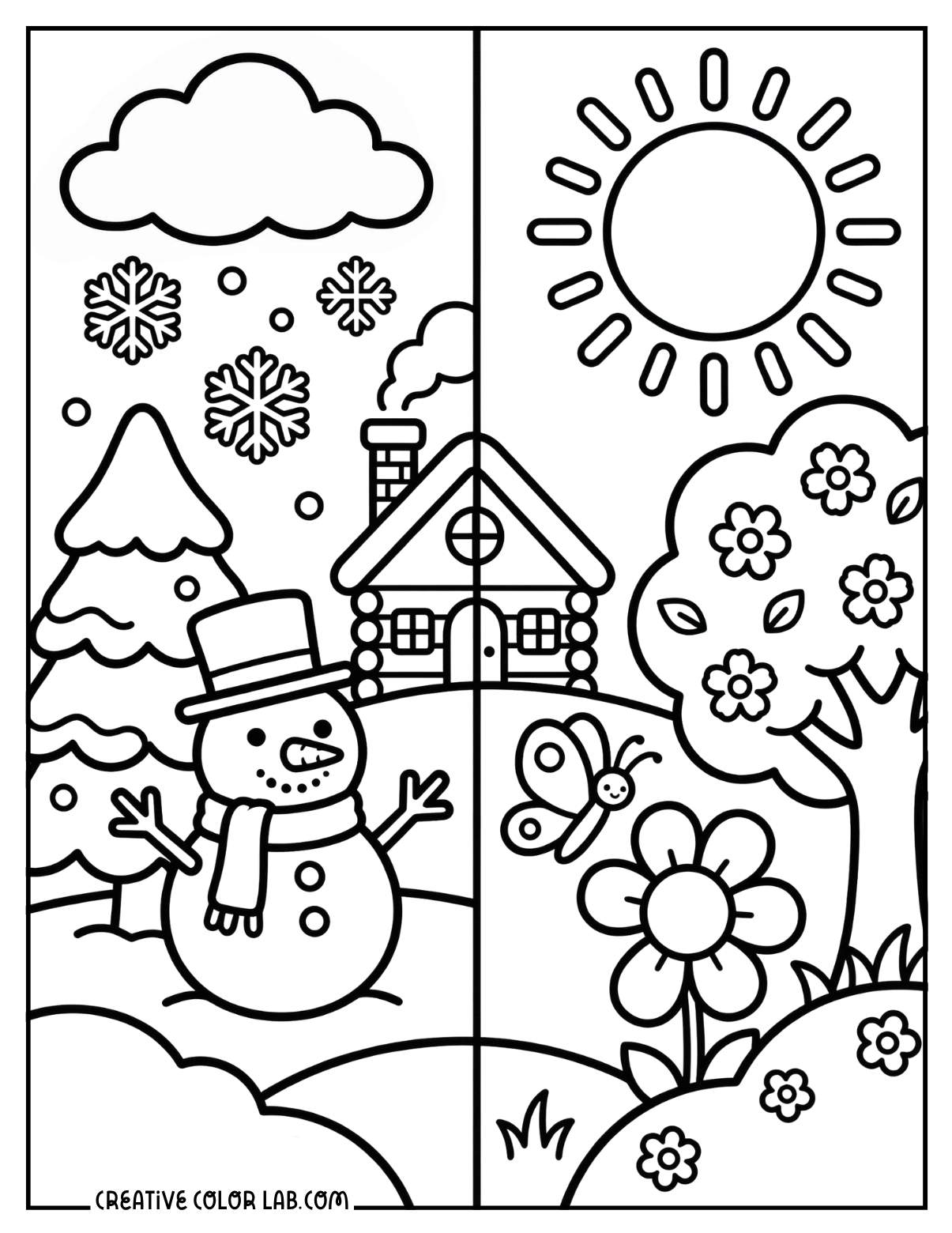 Split scene showing winter changing to spring with snow and sunshine coloring page.
