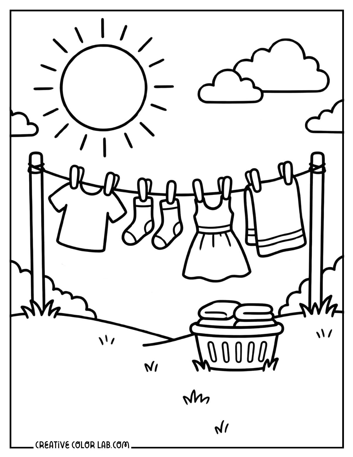 Sunny day with laundry on a clothesline outdoor chores spring coloring page.