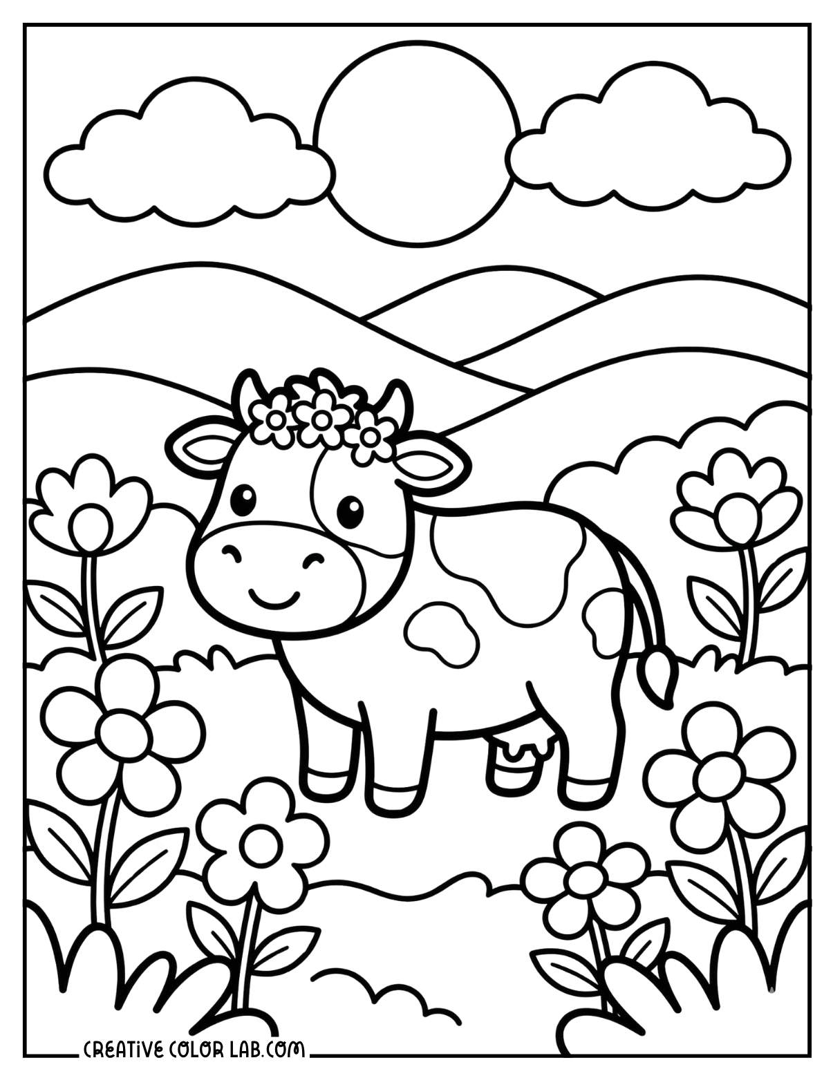 Sunshine landscape with a cow and flowers in a spring coloring page.