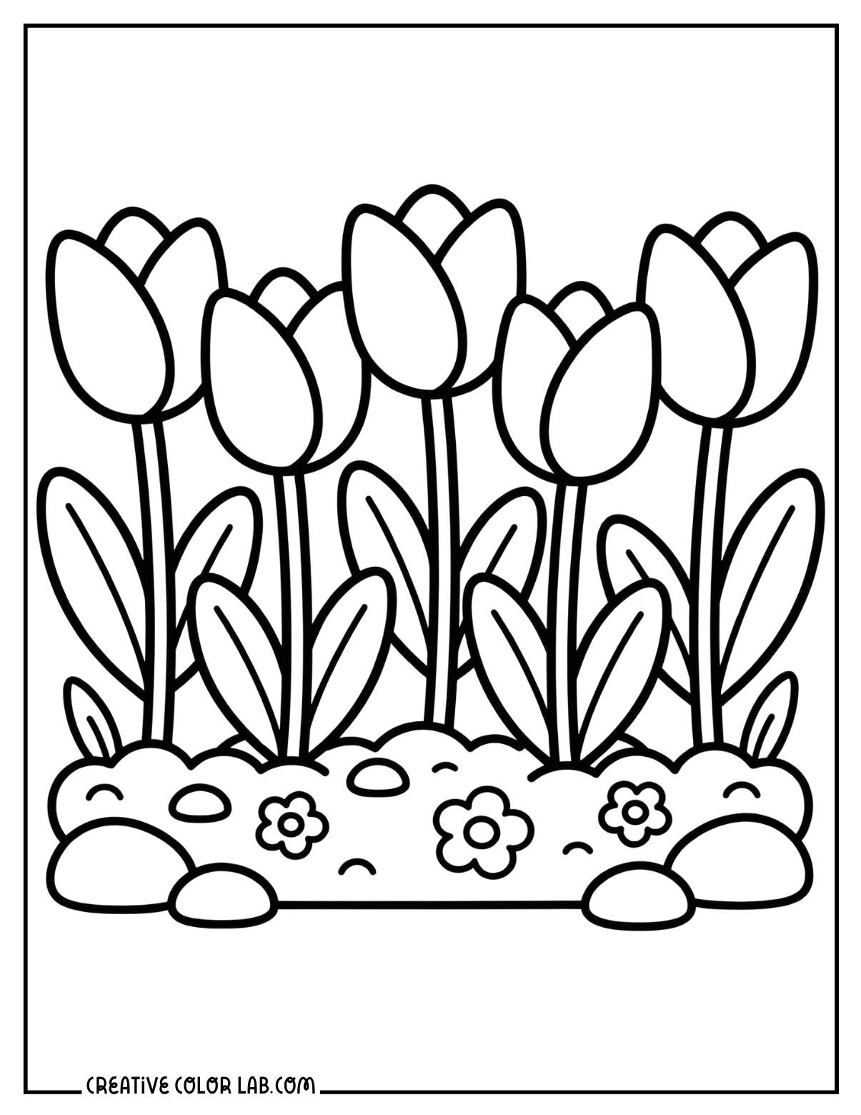 Tulip flower garden spring coloring page with blooming tulips to color.