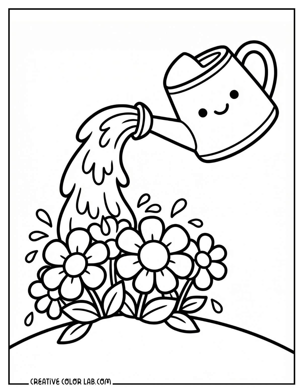 Cute kawaii watering can with flowers in a spring garden coloring page.